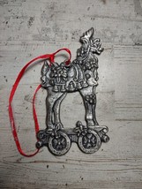 Vintage Metal Antique Style Christmas Ornament Reindeer on Wheels Holly &amp; Bells - £5.88 GBP