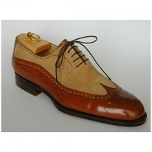 Men Two Tone Brown Beige Wing Tip Plain Toe Oxford Genuine Leather Shoes US 7-16 - £110.00 GBP