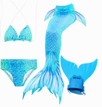 4PCS/Set Light Blue Swimmable Mermaid Tail With Monofin Girls Swimwear Costume - £26.36 GBP