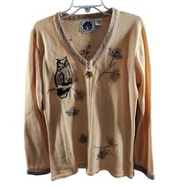 Story Book Knits Sz L Peach Autumn Guardian Owl Maple Leaf Zipper Front Cardigan - £25.14 GBP