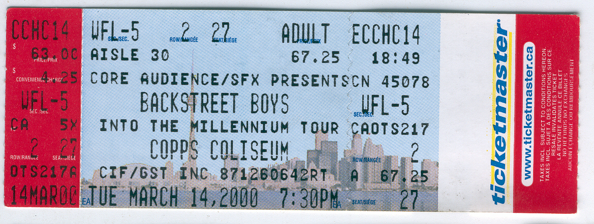 BACKSTREET BOYS 2000 FULL VINTAGE TICKET 2ND ROW HAMILTON ONTARIO COPPS ... - $14.75