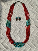 Navajo 5 Strand Necklace and Earrings Turquoise &amp; Red Coral - £3,972.79 GBP