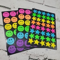 Vintage Neon Smiley Faces and Stars Stickers Lot of 3 Sheets American Gr... - $14.84