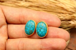 Natural Turquoise Stud Silver Earrings,14K Gold Plated silver earrings for woman - £59.00 GBP
