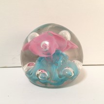Pink flower glass paper weight hand blown large bubbles floral handmade ... - $23.64