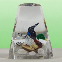 Vintage Mallard Duck In Clear Lucite Paperweight Hand Carved Seashells - $19.39