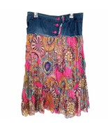 S & Jayova Vintage Denim Yoke Multicolor Medallion Floral Boho Midi Skirt Large - $42.08