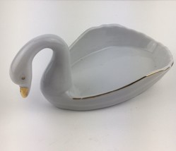 Swan Figurine Jewelry Bowl With Gold Trim Trinket Dish 6 Inch Porcelain - $5.77