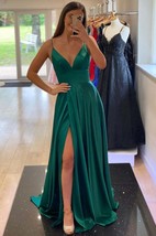 Simple Leg Slit Prom Dress,A Line Satin Long Graduation Dresses - £116.11 GBP