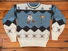 Vintage Campus Golfing Putter Teddy Bear Golf Knit Long Sleeve Sweater M... - £31.45 GBP