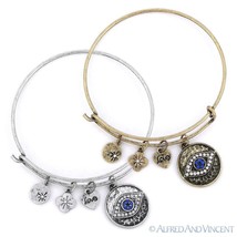Evil Eye, Flower, &amp; Heart Greek Turkish Luck Charm CZ Crystal Bangle Bracelet - £11.93 GBP