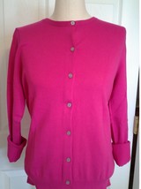 Lands End  Women&#39;s LS Supima Crew Cardigan Sweater Brilliant Fuchsia New - $39.99