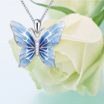 Authentic 925 Sterling Silver Serene Butterfly Pendant Necklace (Blue, Pink) - £56.12 GBP
