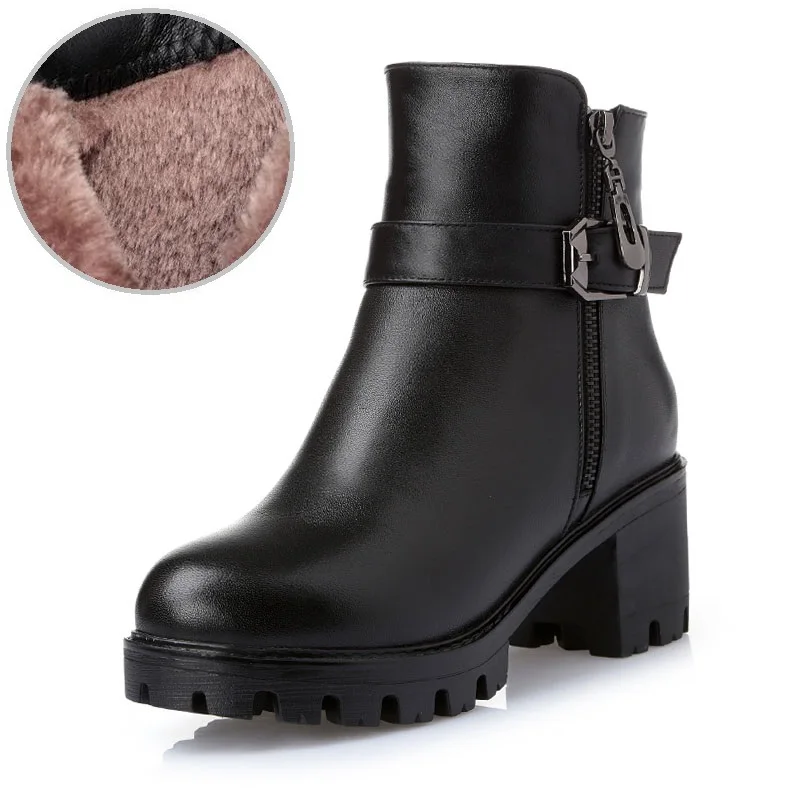 Plus Size 42 43 Women Winter Warm Wool Boots Genuine Leather Thick High Heel Rub - £78.16 GBP