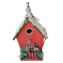 Bird House Handmade Wood Flocked Roof Red Vintage Christmas Décor 15&quot; x 8.5&quot; - £26.08 GBP