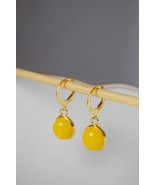 Yellow jade earrings, Huggies, Gold hoop earrings with gemstone pendant,... - £25.12 GBP