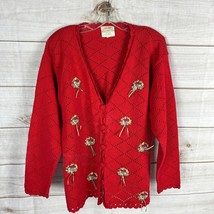Vintage Susan Bristol Women&#39;s Large Red Floral Knit Cardigan Sweater - £27.56 GBP