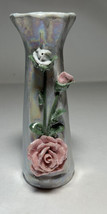 Vase  Lusterware Raised Relief Pink  Roses Stems Ceramic China 1993 5 In... - $26.18