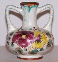 LOVELY SIGNED 9/B VIOLA O.I. HOLLAND ART POTTERY FLORAL 3 1/2&quot; HANDLED VASE - £24.08 GBP