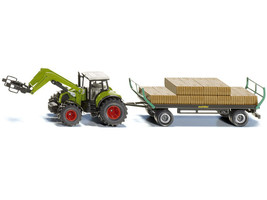 Claas Tractor w Square Bale Grab &amp; Green Trailer w 12 Hay Bales 1/50 Die... - £55.30 GBP