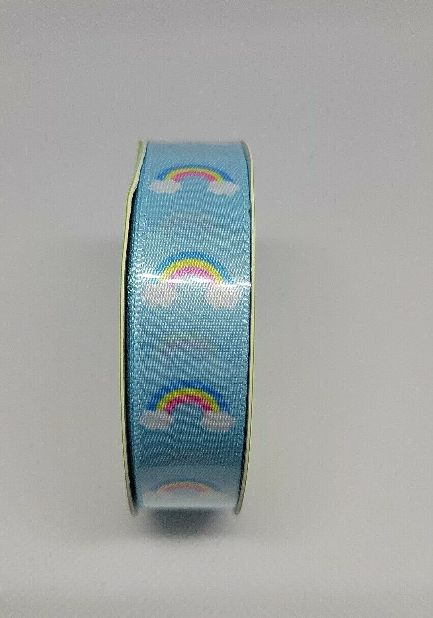 Floral Garden Unicorn Ribbon 5/8&quot; x 9&#39;,  3 yds - New Blue with Rainbows - $7.87