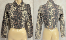 FUBU Leopard Print Size Small Stretch Short Jean Jacket Button Animal Print - £16.46 GBP