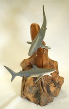 John Perry Shark Duo Art Sculpture Driftwood Base - $59.39