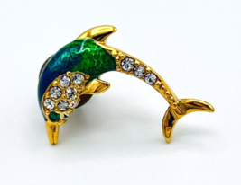 Vintage Krementz Gold Plated Blue Green Enamel Crystal Dolphin Lapel Pin Brooch - £33.19 GBP
