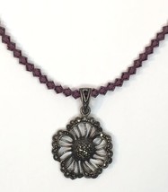 Purple Glass? Beaded Necklace w/ Sterling Silver &amp; Marcasite Pendant 925 - £39.08 GBP