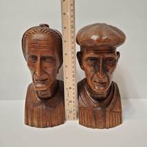 Hand Carved Wood Busts, J Alberdi Mid-Century Carving, Old Man & Woman, Bookends image 12