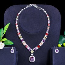 Luxurious Princess Cut Colorful CZ Crystal Square Pendant Earrings Necklace Brid - £44.89 GBP