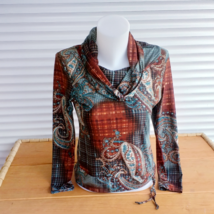  Vintage Brown Fall Blouse, Abstract Pattern Office Blouse, Retro Clothi... - £21.26 GBP