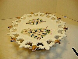 Vintage Dogwood Fleur De Lis Petite Cake Stand Dessert Reticulated Glass - £14.19 GBP