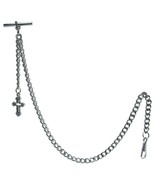 Albert Chain Silver Color Pocket Watch Chain for Men with Cross Fob T Bar AC138 - $17.99