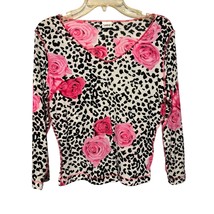 Love Amour Black White Leopard Print Pink Roses Floral Top Stretch VNeck... - $20.00