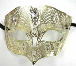 Gold Male Diamond Crystal Laser Cut Venetian Masquerade Metal Filigree Mask Men - £10.09 GBP