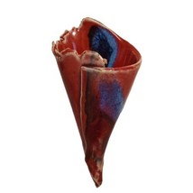 Vtg Handmade Waffle Cone Style Stoneware Pocket Flower Vase Boho Red Blu... - £33.59 GBP