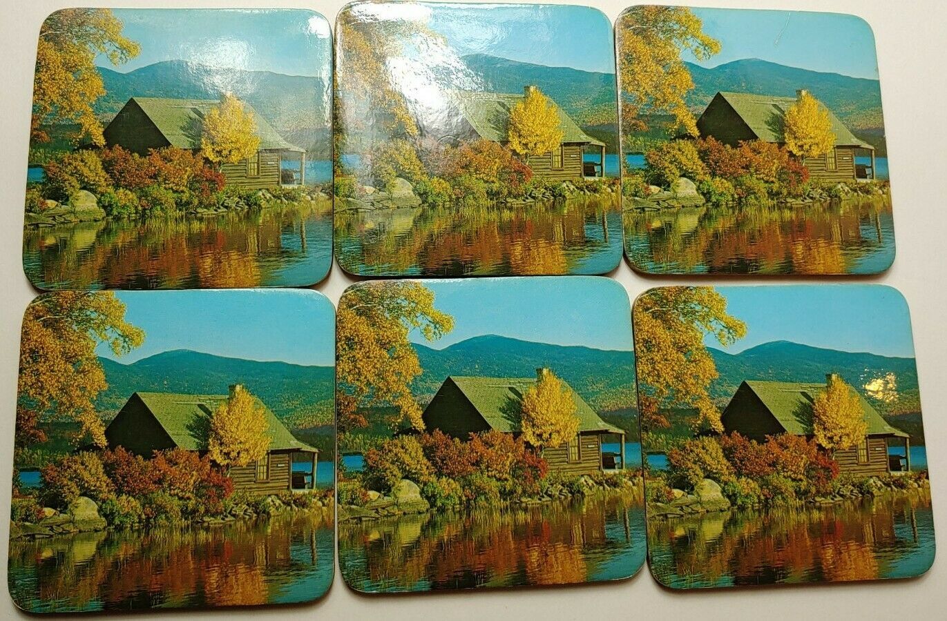 Square Cork Back Coaster Lake Cabin View Autumn Fall Mountain Backdrop Nature x6 - $15.47