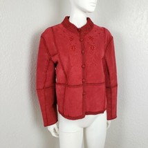 70s Red Leather Jacket Suede Patchwork Crochet Granny Square Fall Chic - £60.66 GBP