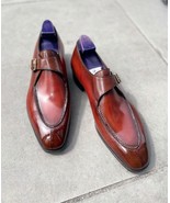 Handmade monk strap shoes burgundy patina original leather formal wear men shoes - £135.57 GBP - £151.52 GBP