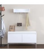 Entryway Bench &amp; Wall Shelf Set: Modern White Shoe Storage with Hooks - $143.99