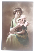 A Birthday Greeting Portrait Young Lady w/ Flowers Green Dress Postcard c1910s - £15.92 GBP