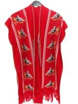 Vintage Open Front Women&#39;s Cape Blanket Sweater Red Fringe Birds - $53.00