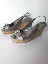 Guess Cork Wedge Sandals Rosabel Silver Peep Toe Snake Print Buckle Slin... - £17.44 GBP