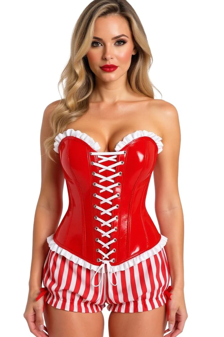 Top Drawer 2 PC Steel Boned Red Vinyl Patent Corset &amp; Striped Bloomers Set - $215.00