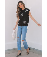 Black Bow Print Side Ties Scalloped Hem Sweater T Shirt - $35.38 CAD
