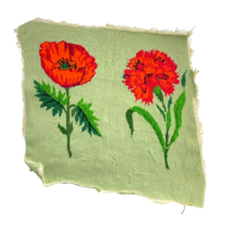 Finished Needlepoint Pillow Cover Wall Art Green w Orange Poppy Flowers - $37.65