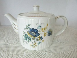 Ellgreave Ironstone Wood &amp; Son Teapot Blue Florals Ribbed White England 4.5&quot;H - £14.99 GBP