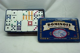 DOMINOES Double Nine Jumbo Color Dot GAME in TIN W/ Starter Piece COMPLETE - £15.48 GBP