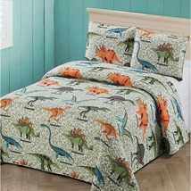3 Pc Full/Queen Size Quilt Bedspread Kids/Teens Boys Dinosaurs Army Green Blue O - £51.95 GBP